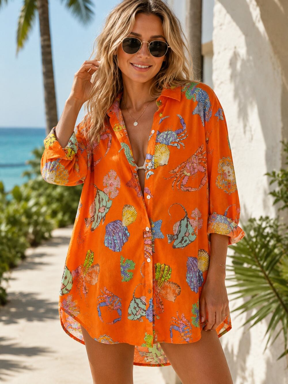 Sneaky Link One Size Orange Fish & Shell Beach Themed Button Front Shirt-Coverup